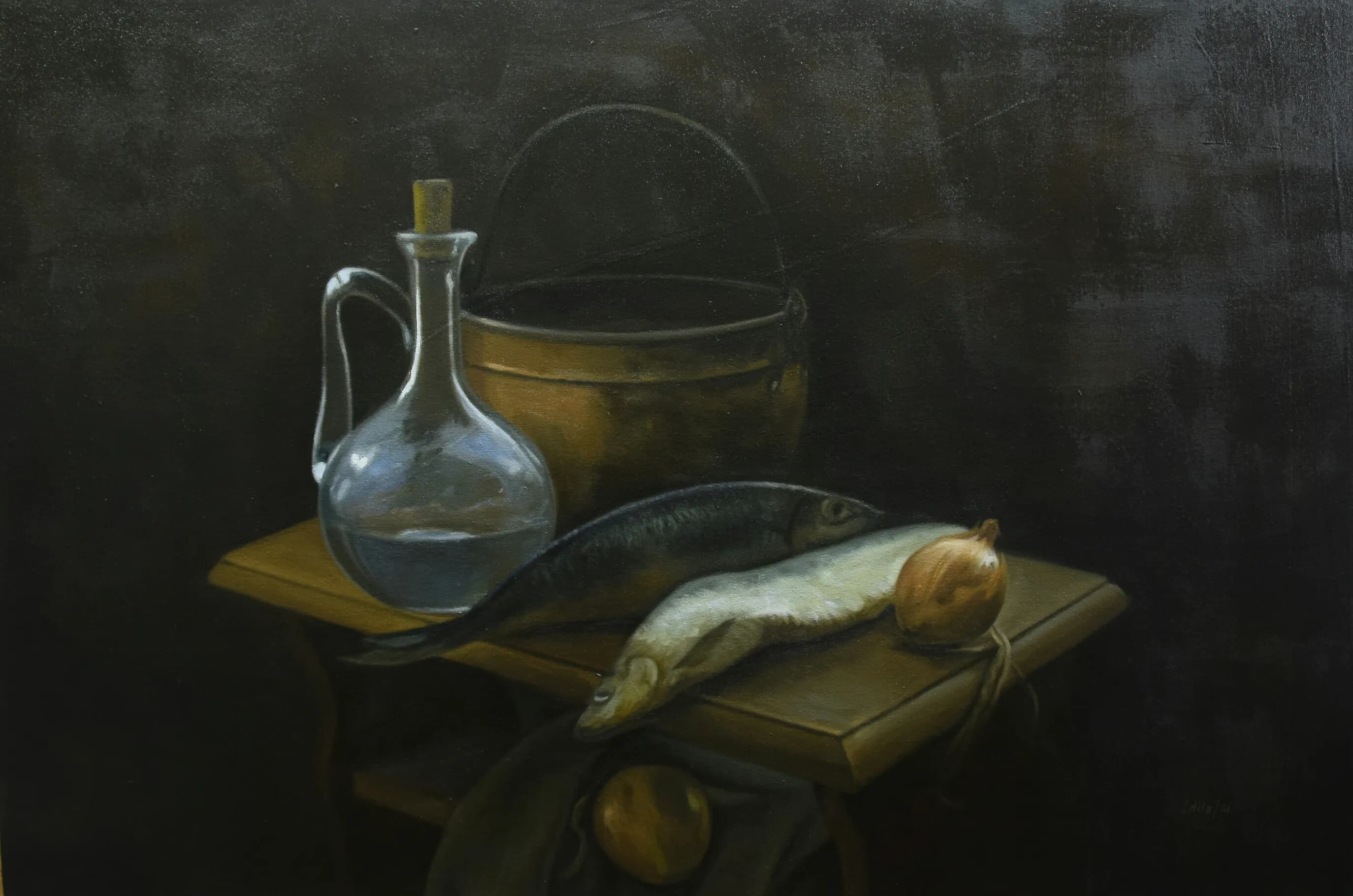 Bodegón con pescados y cebollas — Óleo sobre lienzo, 2021